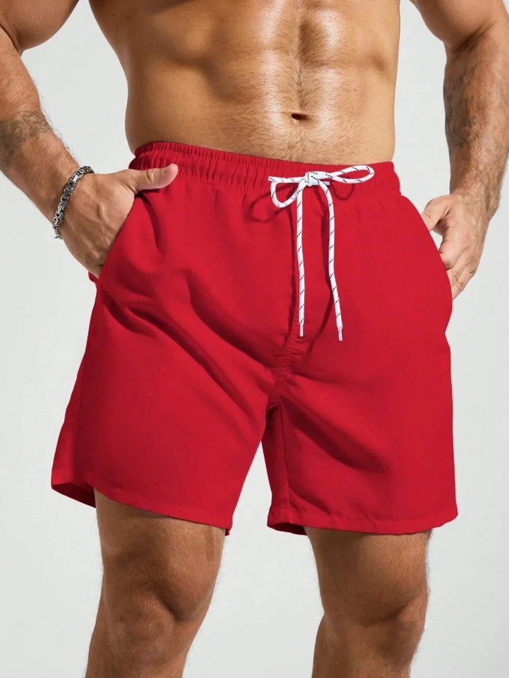 Red Sports Men's Elastic Waist Drawstring Pocket Beach Shorts